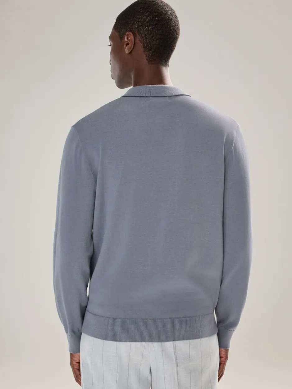 Gebreide Kleding|Poloshirts|Next Grijsblauw - Normale Pasvorm - Katoenrijk gebreid poloshirt met lange mouwen