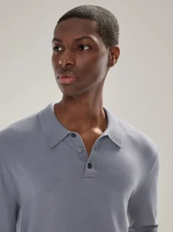 Gebreide Kleding|Poloshirts|Next Grijsblauw - Normale Pasvorm - Katoenrijk gebreid poloshirt met lange mouwen