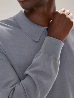 Gebreide Kleding|Poloshirts|Next Grijsblauw - Normale Pasvorm - Katoenrijk gebreid poloshirt met lange mouwen