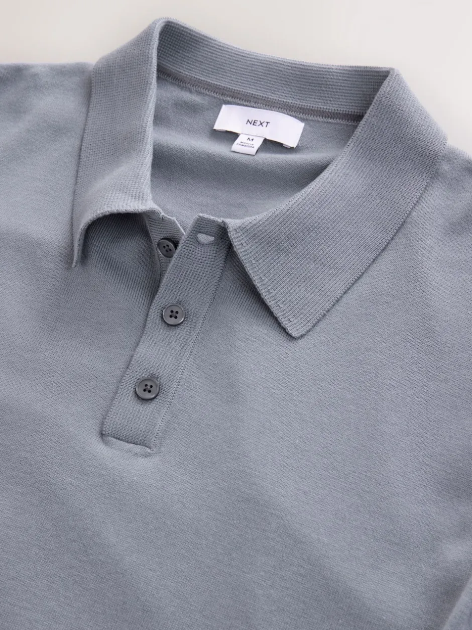 Gebreide Kleding|Poloshirts|Next Grijsblauw - Normale Pasvorm - Katoenrijk gebreid poloshirt met lange mouwen