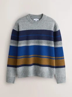 Gebreide Kleding*Next - Regular Fit Cosy Stripe Crew Jumper with Wool Grijs/blauw