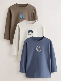 T-Shirts|Tops*Next - Bedrukte T-shirts met lange mouwen verpakking van 3 (3 - 16 jr) Grijs/blauw/bruin borduursel