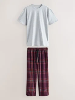 Pyjama's|Loungewear|Next - Motionflex Behaaglijke Pyjama Set met Korte Mouwen Grijs/bordeauxrood geruit