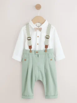 Sets En Combisets|Gelegenheidskleding|Next Grijs-groen - 3 -delige babyset van overhemd, broek en bretels (0mnd-2jr)