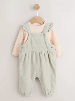 Tuinbroeken*Next - Baby Print Bodysuit met Lange mouwen en Corduroy bretelbroeken Set 2 Pieces (0mnd -2jr) Grijs-groen