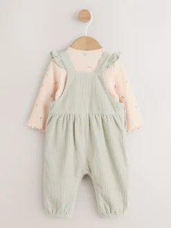 Tuinbroeken*Next - Baby Print Bodysuit met Lange mouwen en Corduroy bretelbroeken Set 2 Pieces (0mnd -2jr) Grijs-groen