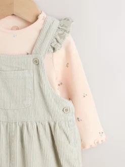 Tuinbroeken*Next - Baby Print Bodysuit met Lange mouwen en Corduroy bretelbroeken Set 2 Pieces (0mnd -2jr) Grijs-groen