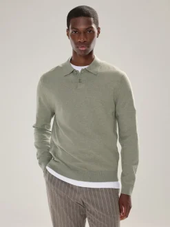 Gebreide Kleding|Poloshirts*Next - Effen - Regular Fit Essential Long Sleeve Knitted Polo Shirt Grijs-groen