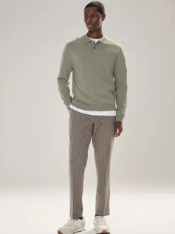 Gebreide Kleding|Poloshirts*Next - Effen - Regular Fit Essential Long Sleeve Knitted Polo Shirt Grijs-groen