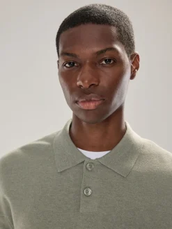 Gebreide Kleding|Poloshirts*Next - Effen - Regular Fit Essential Long Sleeve Knitted Polo Shirt Grijs-groen