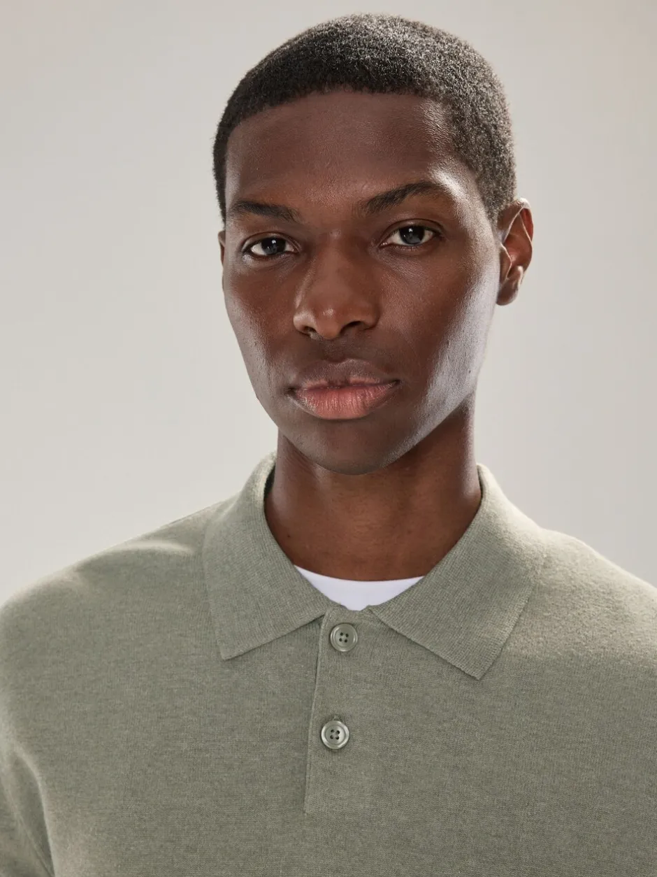 Gebreide Kleding|Poloshirts*Next - Effen - Regular Fit Essential Long Sleeve Knitted Polo Shirt Grijs-groen