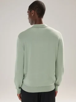 Gebreide Kleding|Poloshirts*Next Grijs-groen - Normale Pasvorm - Katoenrijk gebreid poloshirt met lange mouwen