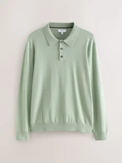 Gebreide Kleding|Poloshirts*Next Grijs-groen - Normale Pasvorm - Katoenrijk gebreid poloshirt met lange mouwen