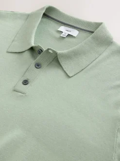 Gebreide Kleding|Poloshirts*Next Grijs-groen - Normale Pasvorm - Katoenrijk gebreid poloshirt met lange mouwen