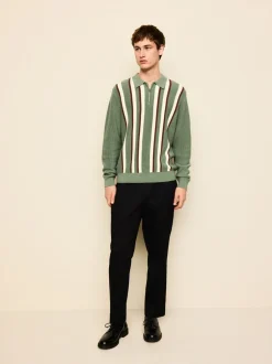 Gebreide Kleding|Poloshirts|Next Grijs-groen - Regular Fit Long Sleeve Stripe Zip Neck Knit Polo Shirt