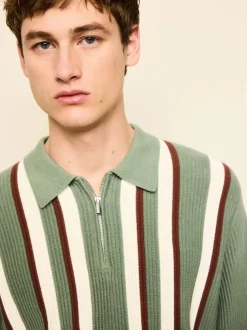 Gebreide Kleding|Poloshirts|Next Grijs-groen - Regular Fit Long Sleeve Stripe Zip Neck Knit Polo Shirt