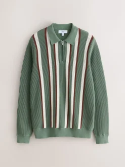 Gebreide Kleding|Poloshirts|Next Grijs-groen - Regular Fit Long Sleeve Stripe Zip Neck Knit Polo Shirt