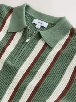 Gebreide Kleding|Poloshirts|Next Grijs-groen - Regular Fit Long Sleeve Stripe Zip Neck Knit Polo Shirt