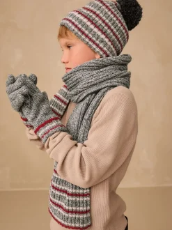Mutsen, Handschoenen En Sjaals|Next Grijs/rode streep - Set van 3 -delige muts, sjaal en handschoenen (3-16jr)