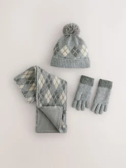 Mutsen, Handschoenen En Sjaals|Next Grijs/wit Argyle - Set van 3 -delige muts, sjaal en handschoenen (3-16jr)