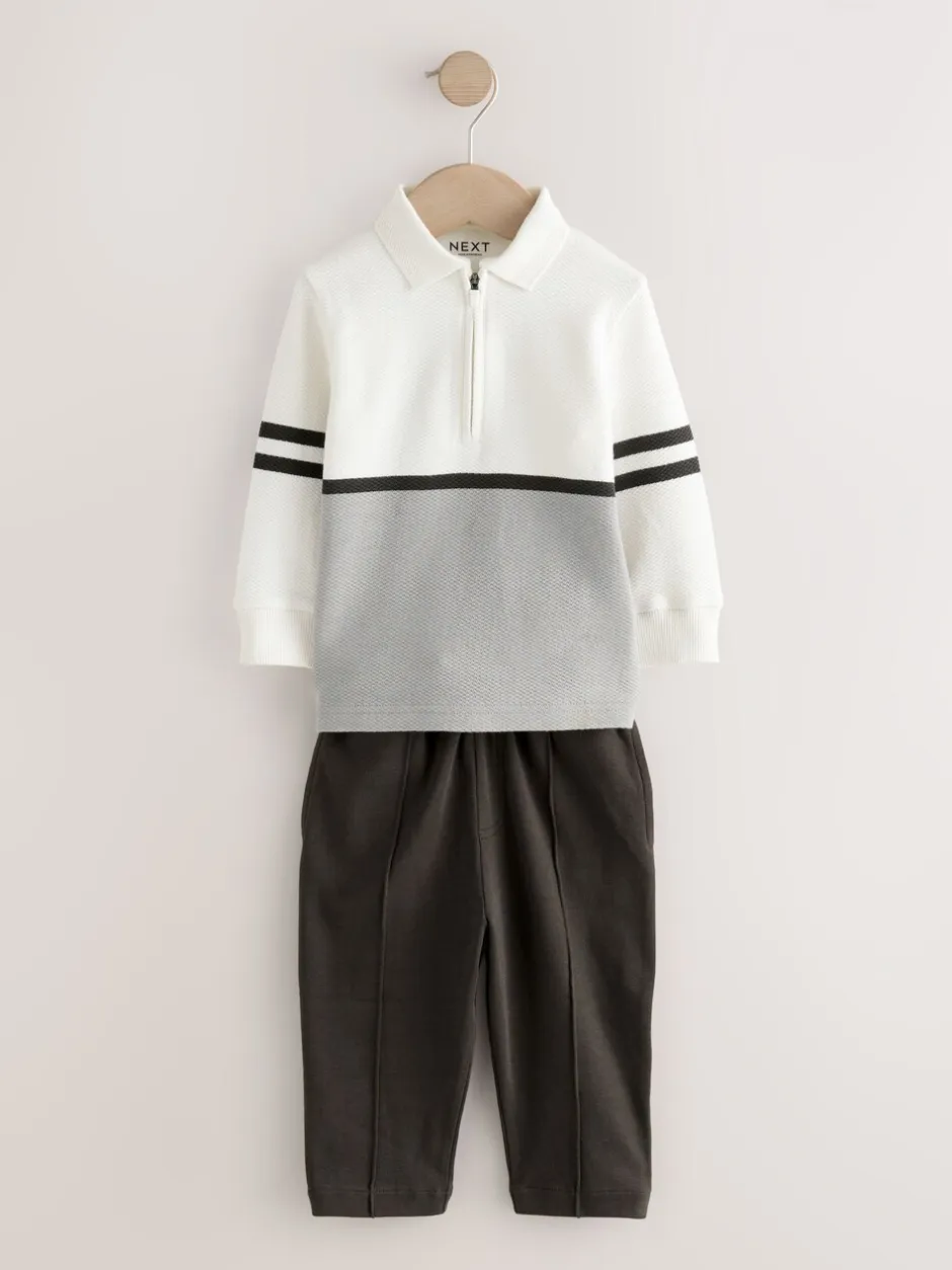Tops|Joggingbroeken|Next - Set van poloshirt met lange mouwen en joggingbroek (3mnd-7jr) Grijs/witte rits