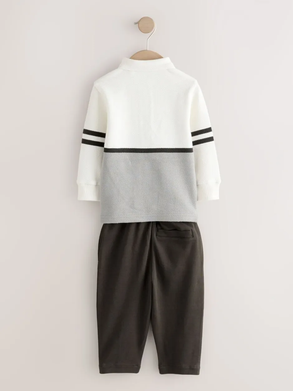 Tops|Joggingbroeken|Next - Set van poloshirt met lange mouwen en joggingbroek (3mnd-7jr) Grijs/witte rits