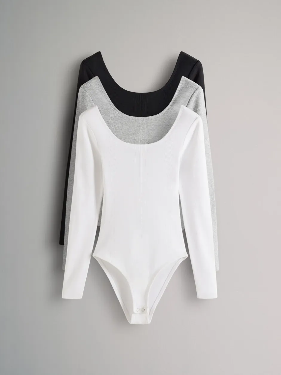 Tops En T-Shirts|The Set - 3 Pack Ribbed Long Sleeve Bodysuits Grijs/zwart/wit