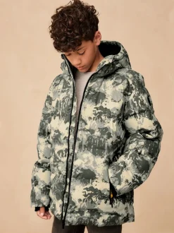 Jassen En Jacks|Next Grijze camouflageprint - Regenbestendige gewatteerde jas met microfleece voering (3-17jr)