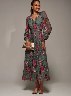 Gelegenheidskleding|Jolie Moi - Long Sleeve Printed Lace Midaxi Dress Groen
