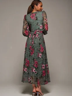 Gelegenheidskleding|Jolie Moi - Long Sleeve Printed Lace Midaxi Dress Groen