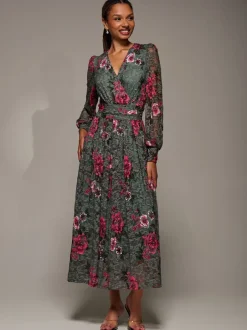 Gelegenheidskleding|Jolie Moi - Long Sleeve Printed Lace Midaxi Dress Groen