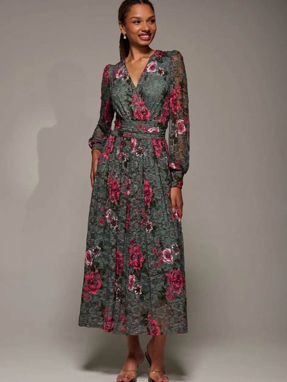 Gelegenheidskleding|Jolie Moi - Long Sleeve Printed Lace Midaxi Dress Groen