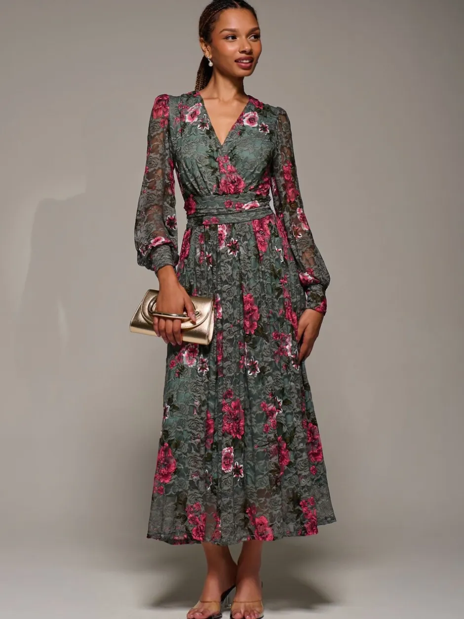 Gelegenheidskleding|Jolie Moi - Long Sleeve Printed Lace Midaxi Dress Groen