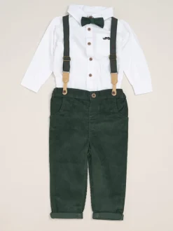 Gelegenheidskleding|Shirts*Little Gent Groen - Corduroy Bow Tie Mock Shirt and Trousers With Braces Outfit Set