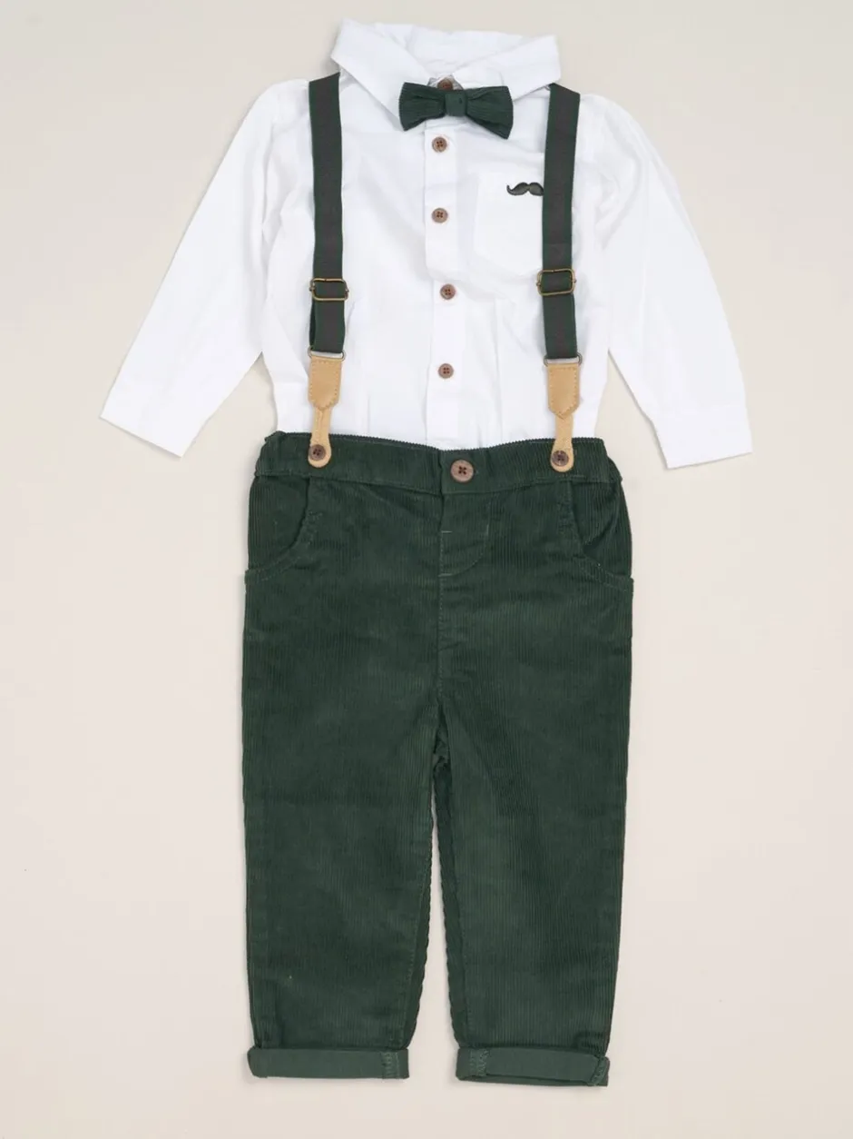 Gelegenheidskleding|Shirts*Little Gent Groen - Corduroy Bow Tie Mock Shirt and Trousers With Braces Outfit Set