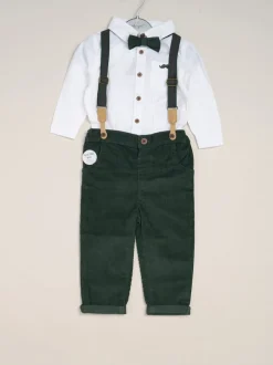 Gelegenheidskleding|Shirts*Little Gent Groen - Corduroy Bow Tie Mock Shirt and Trousers With Braces Outfit Set