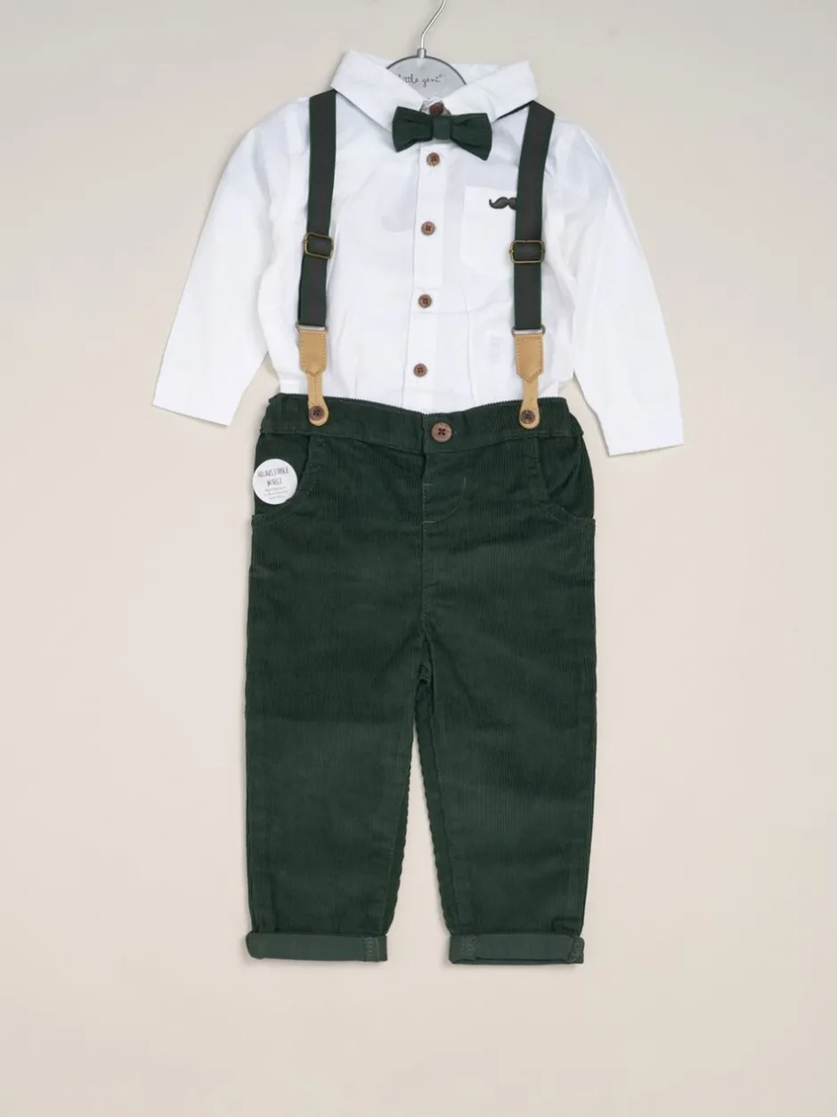 Gelegenheidskleding|Shirts*Little Gent Groen - Corduroy Bow Tie Mock Shirt and Trousers With Braces Outfit Set