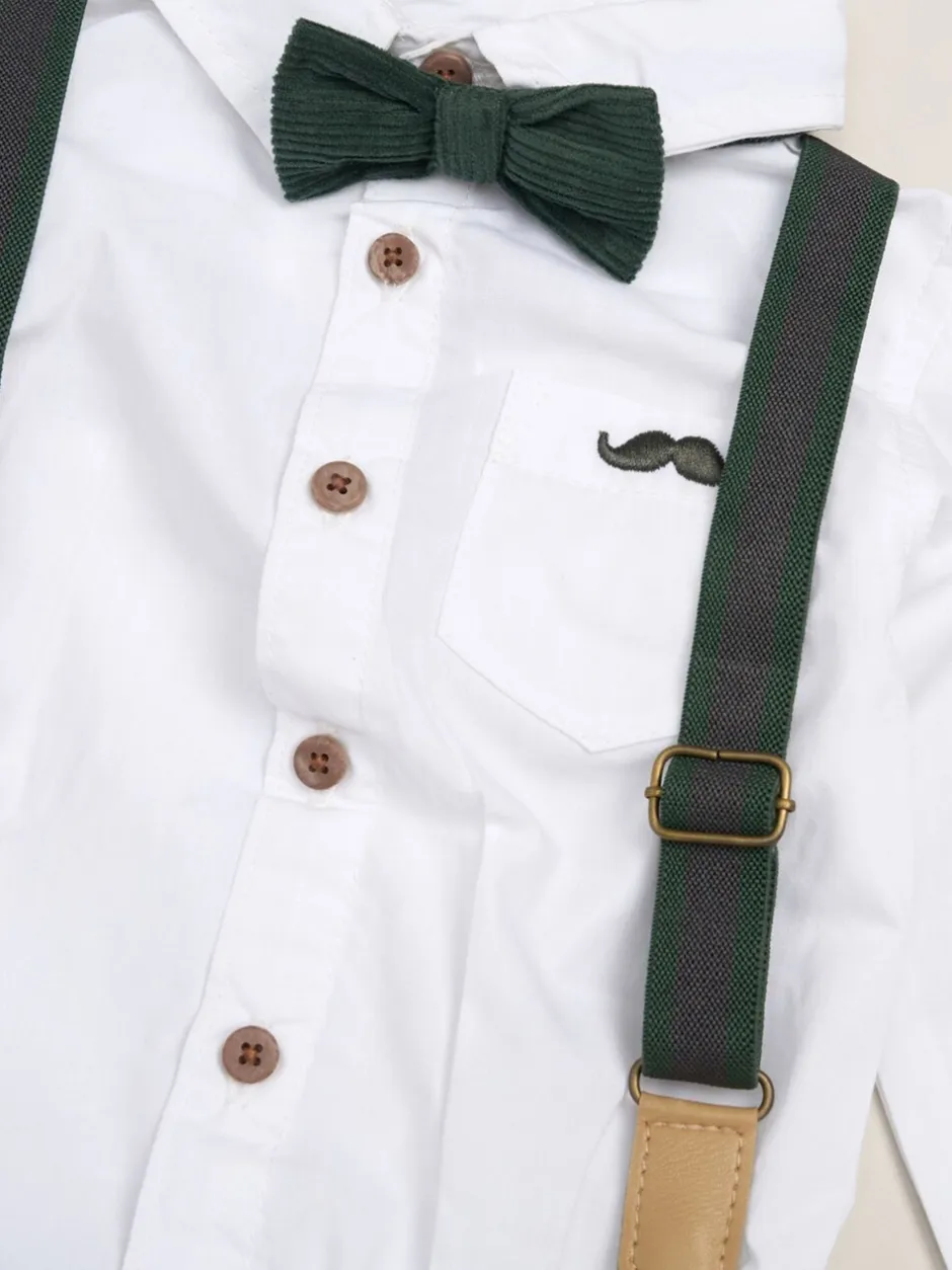 Gelegenheidskleding|Shirts*Little Gent Groen - Corduroy Bow Tie Mock Shirt and Trousers With Braces Outfit Set