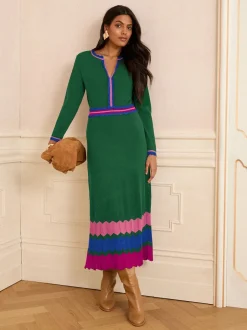 Gebreide Kleding|Jurken*Love & Roses - - Gebreide midi-jurk met halsinkeping Groen