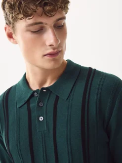 Gebreide Kleding|Poloshirts|Next - Regular-fit poloshirt met lange mouwen, streepdessin en hoog katoengehalte Groen