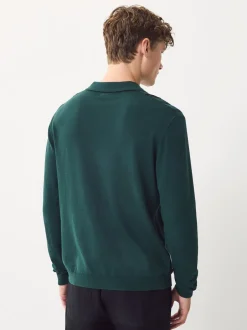 Gebreide Kleding|Poloshirts|Next - Regular-fit poloshirt met lange mouwen, streepdessin en hoog katoengehalte Groen