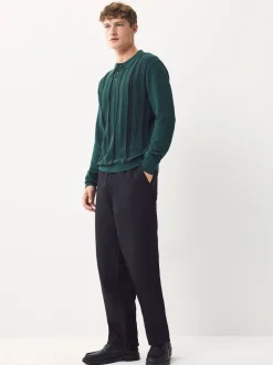 Gebreide Kleding|Poloshirts|Next - Regular-fit poloshirt met lange mouwen, streepdessin en hoog katoengehalte Groen