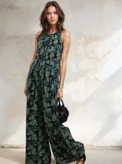 Jumpsuits En Playsuits|Religion Groen - Crew Wide Leg Jumpsuit in Abstract Façade Print
