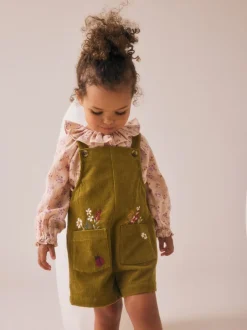 Jumpsuits En Playsuits*Next Groen - Set van corduroy bretelbroeken met bloemenprint, blouse en panty's (3mnd -7jr)