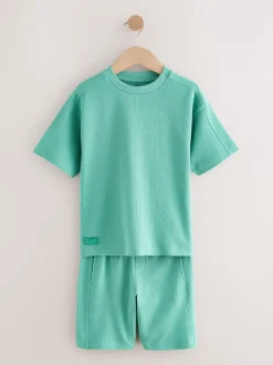 Shorts|Next - Set van T-shirt met textuur en korte mouwen en shorts (3 - 16 jr) Groen