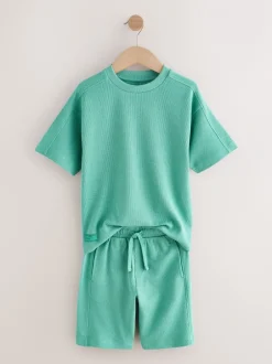 Shorts|Next - Set van T-shirt met textuur en korte mouwen en shorts (3 - 16 jr) Groen
