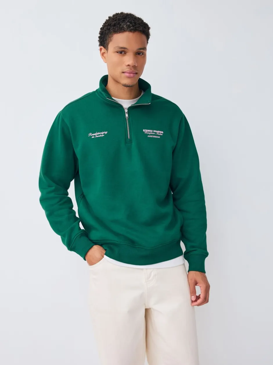 Sweaters En Hoody´S|Sweaters En Hoody´S*Next - Simple Text Graphic Print Quarter Zip Neck Sweatshirt Groen