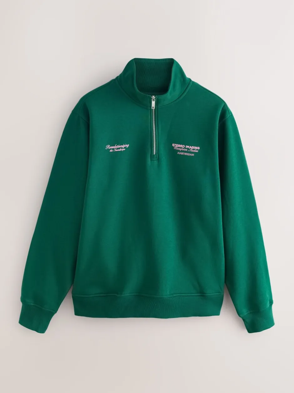 Sweaters En Hoody´S|Sweaters En Hoody´S*Next - Simple Text Graphic Print Quarter Zip Neck Sweatshirt Groen