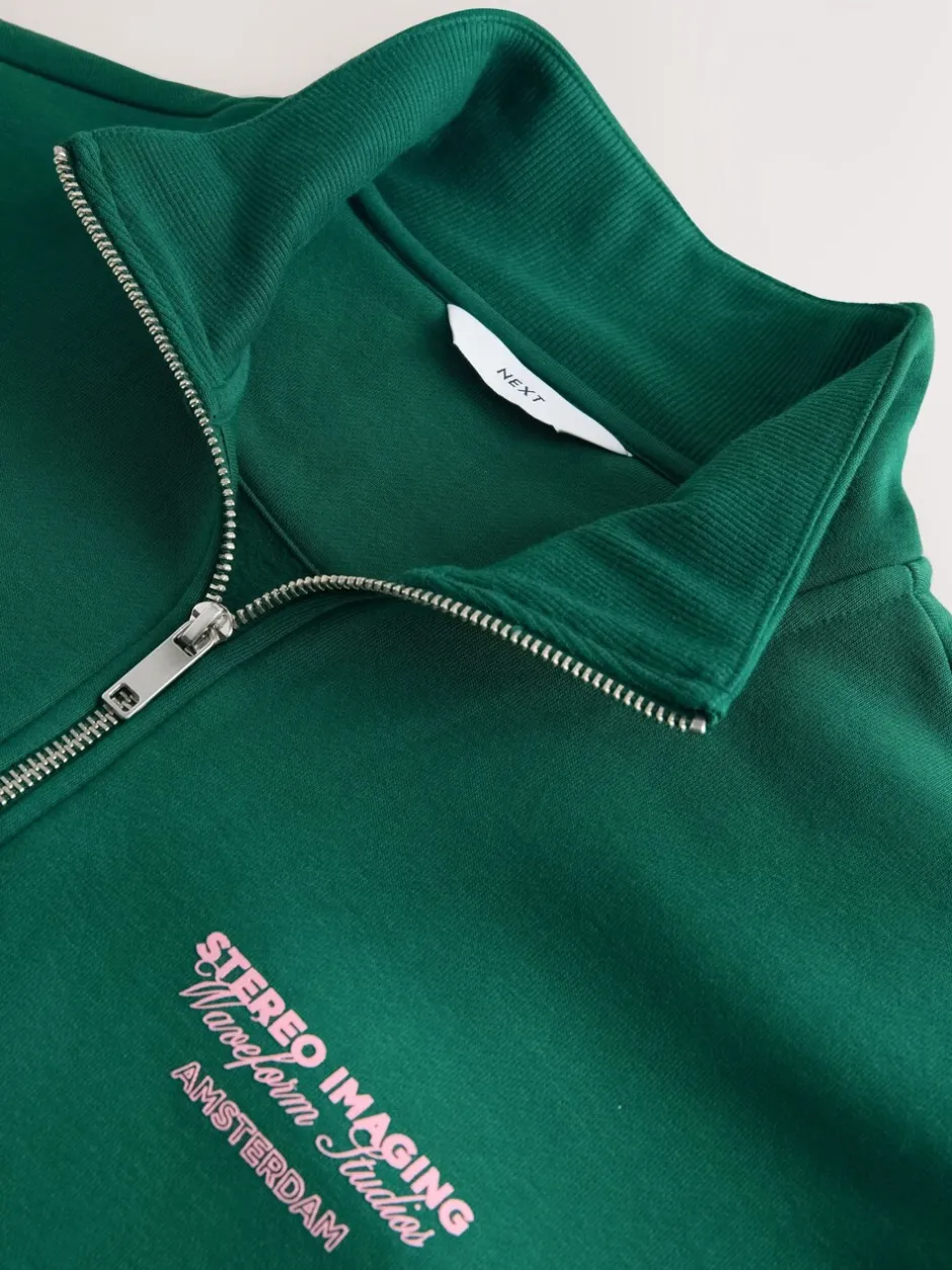 Sweaters En Hoody´S|Sweaters En Hoody´S*Next - Simple Text Graphic Print Quarter Zip Neck Sweatshirt Groen