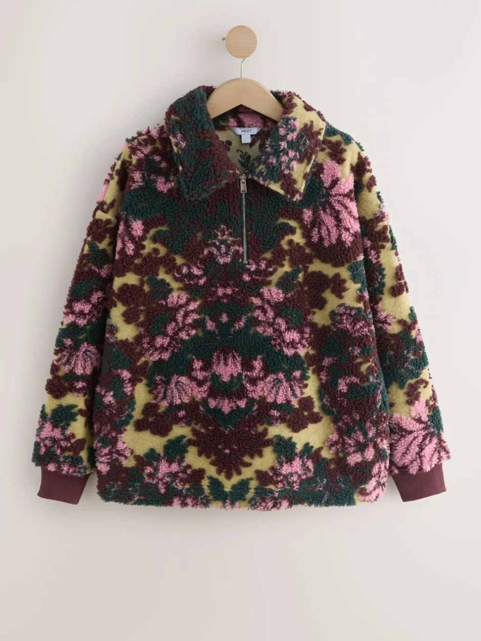 Hoody's En Sweatshirts|Next - Jacquard Teddy Borg Quarter Zip Fleece Sweatshirt Groen bloemmotief
